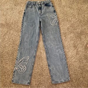 PacSun Blue Straight Leg Jeans with Butterfly Design